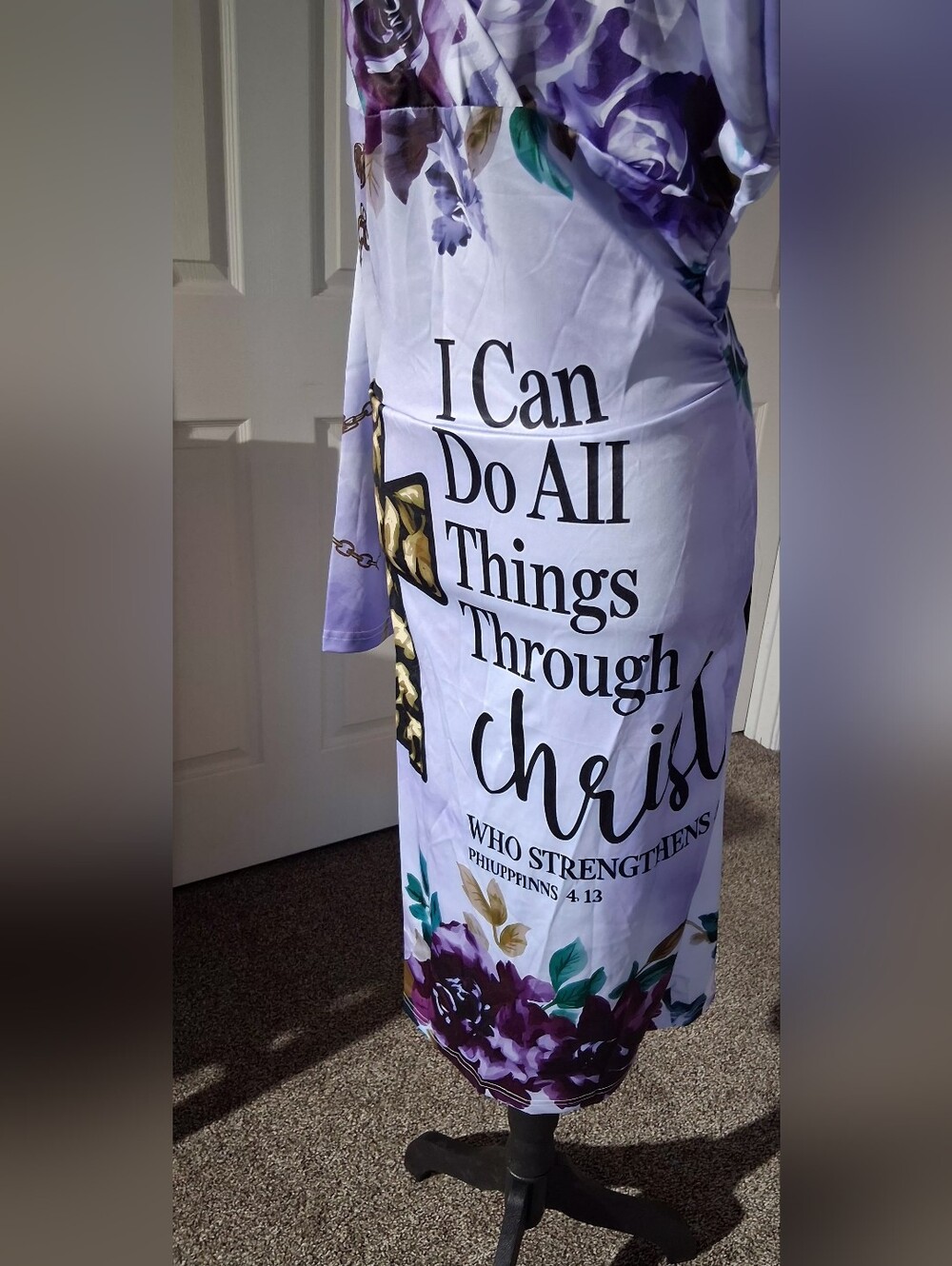 New-Floral Scripture Lavender Wrap-Style Midi Stretch Dress - Picture 5 of 11